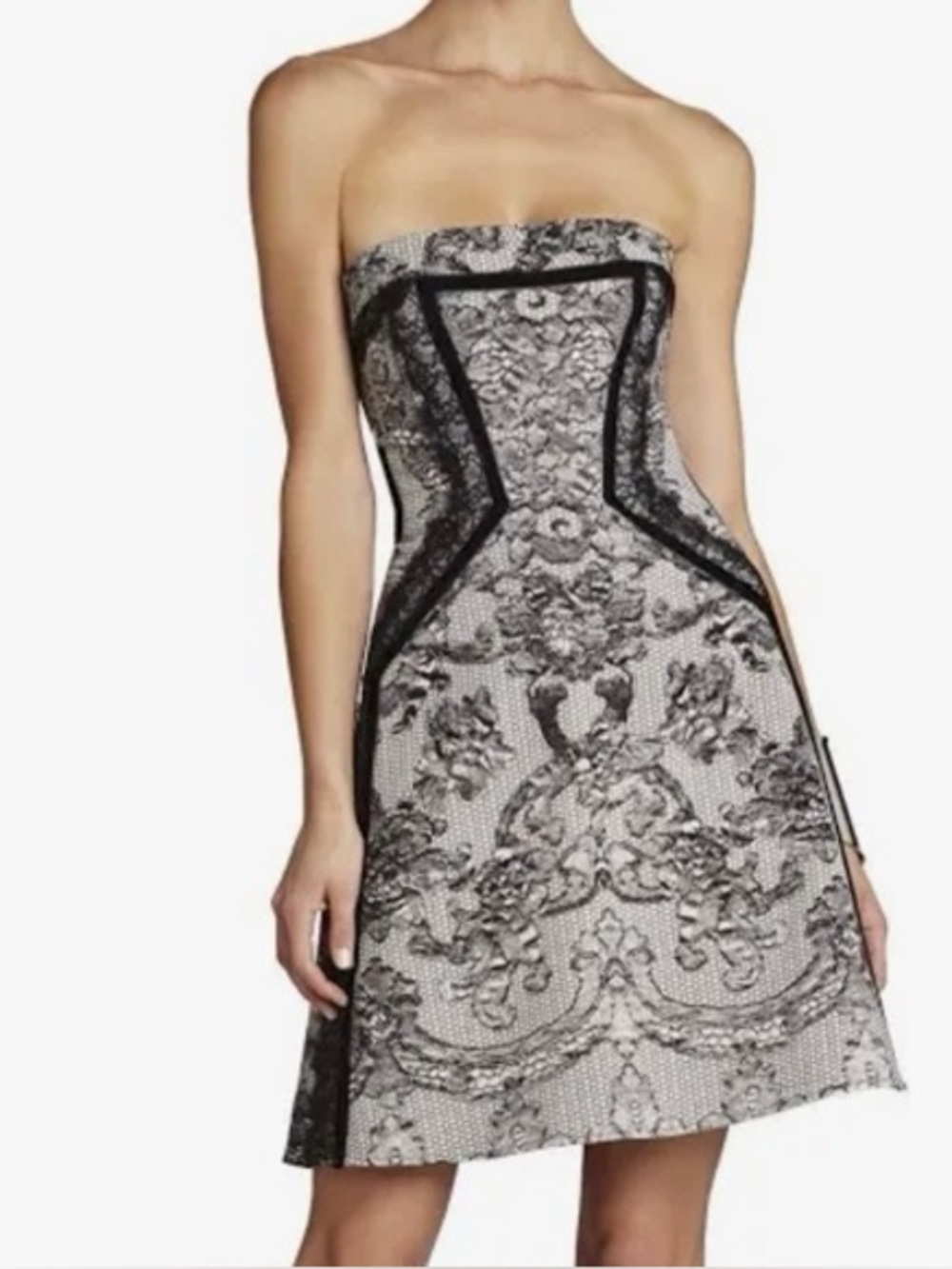 BCBGMaxAzria Strapless Black and White Lace-Effect A-Line Dress